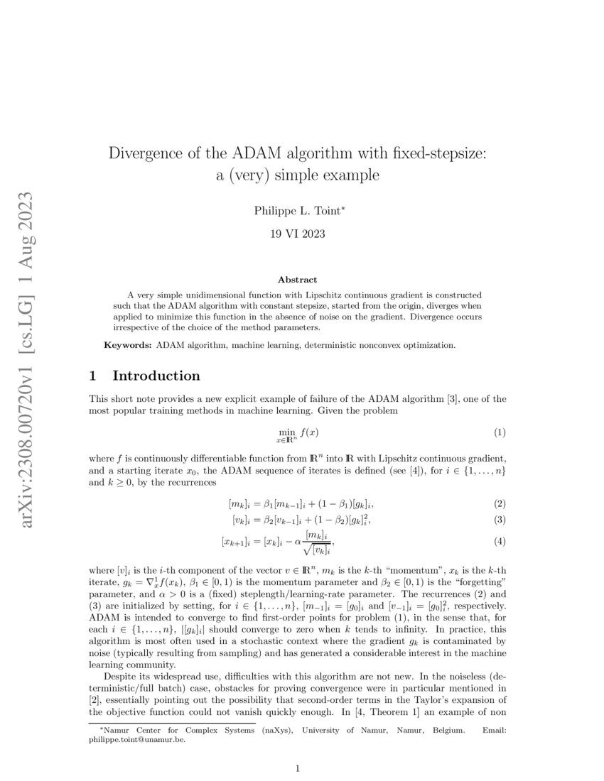 Divergence of the ADAM algorithm with fixed-stepsize: a (very) simple ...