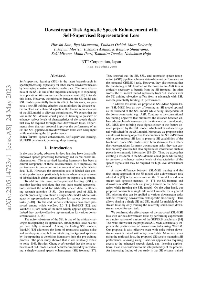 Downstream Task Agnostic Speech Enhancement with SelfSupervised