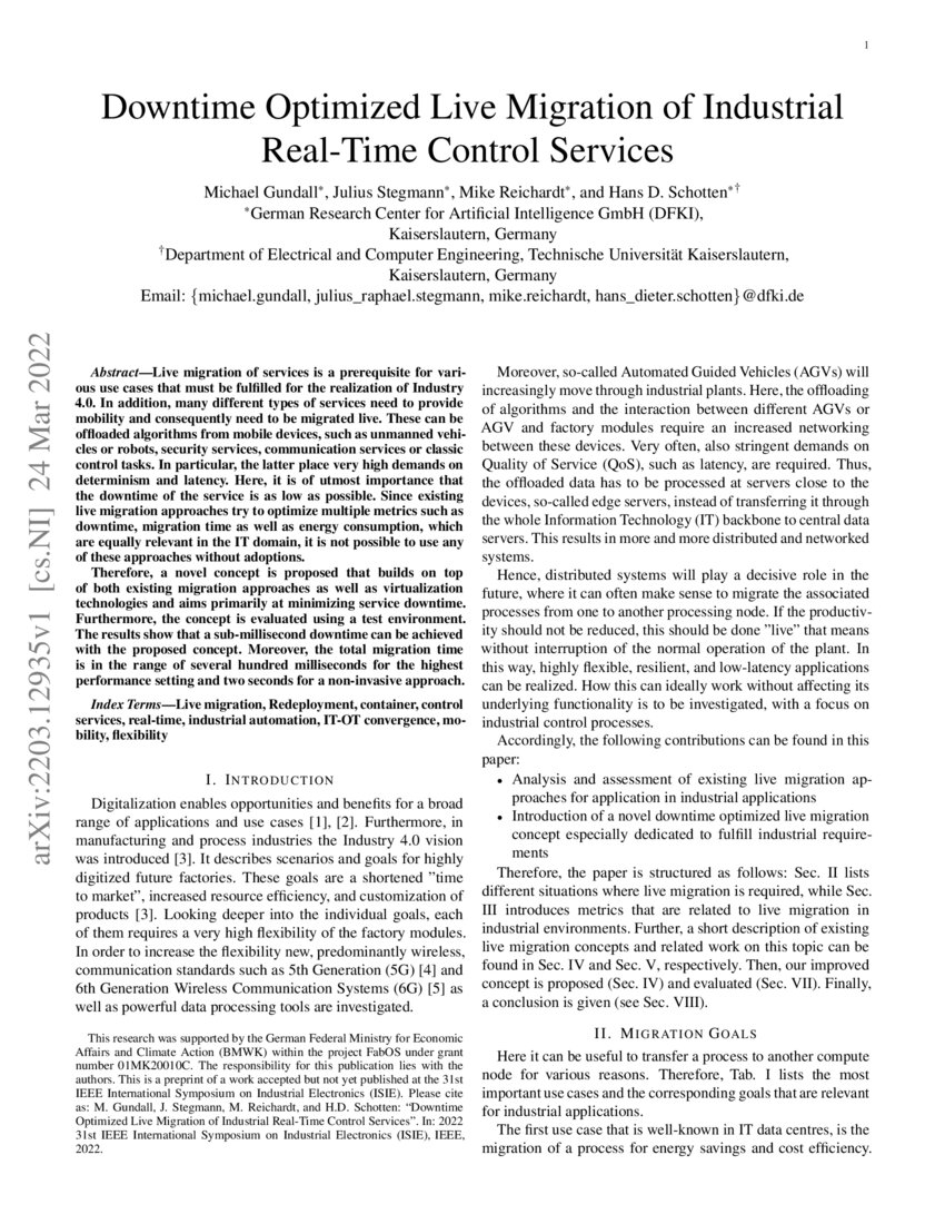 Downtime Optimized Live Migration of Industrial RealTime Control