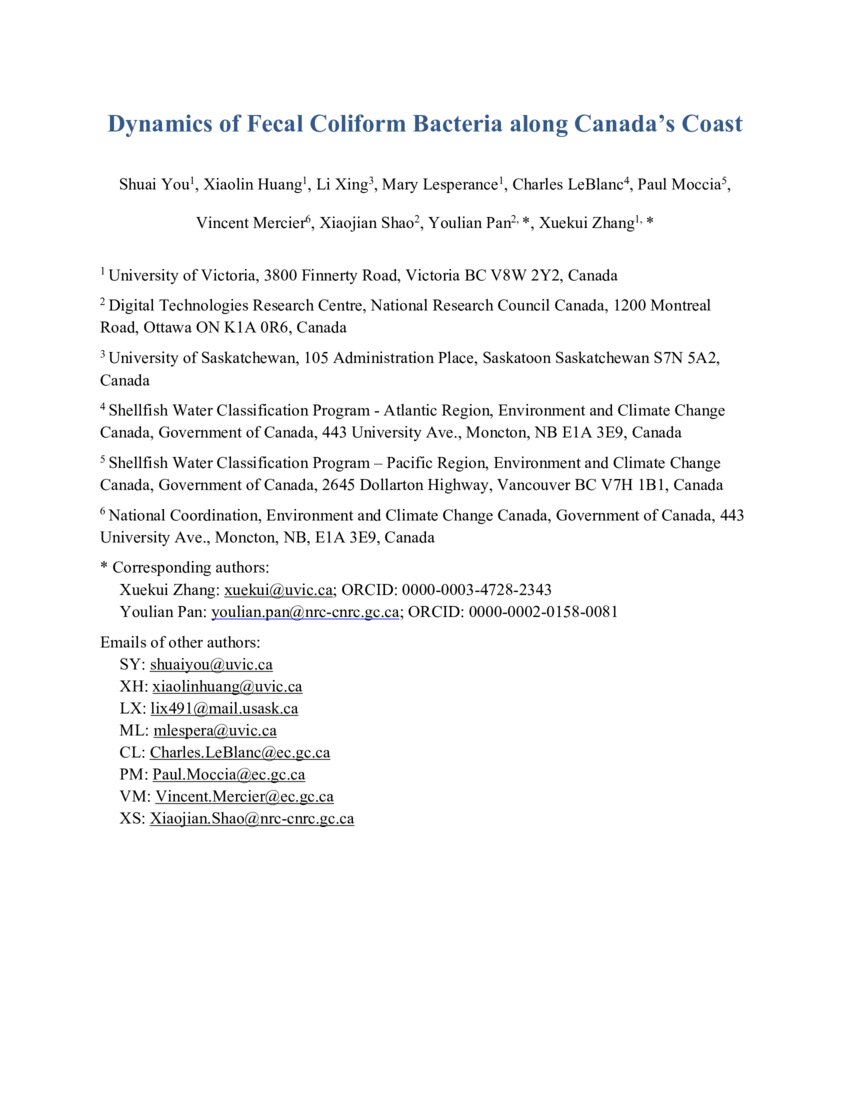 Dynamics of Fecal Coliform Bacteria along Canada's Coast | DeepAI
