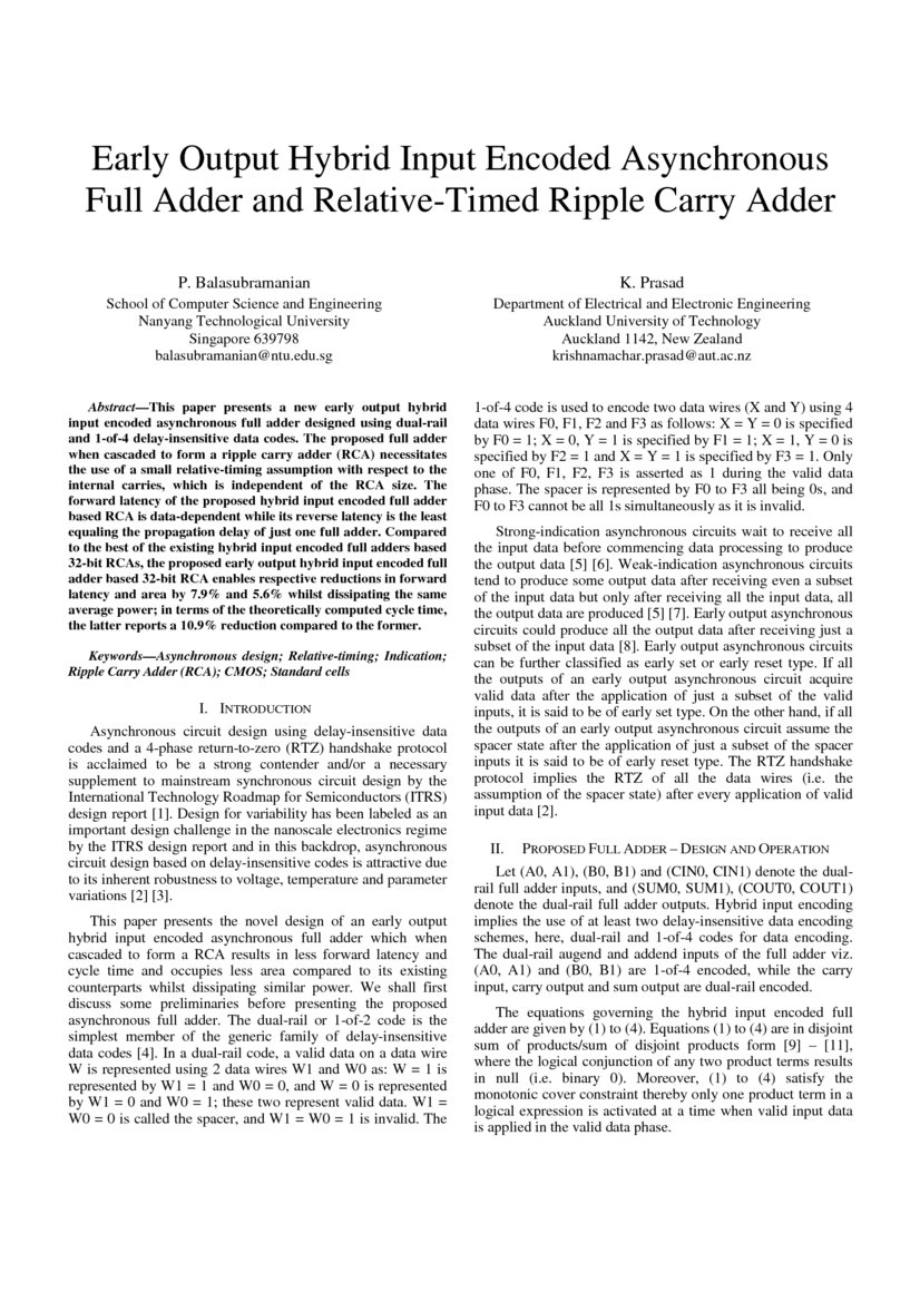 Early Output Hybrid Input Encoded Asynchronous Full Adder and Relative ...