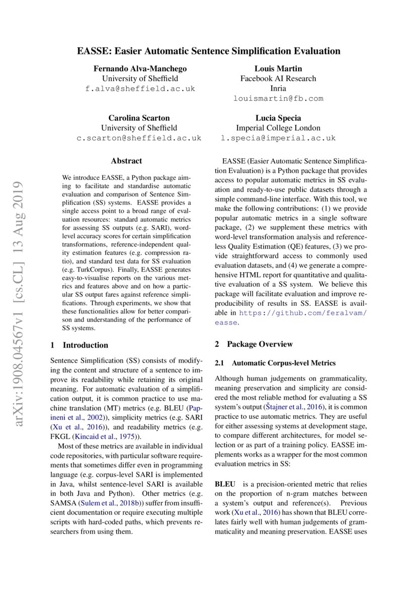 EASSE Easier Automatic Sentence Simplification Evaluation DeepAI