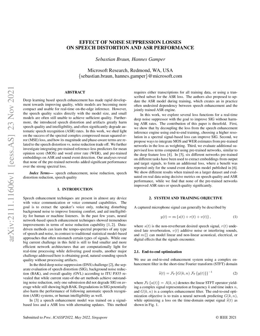 Effect of noise suppression losses on speech distortion and ASR performance DeepAI