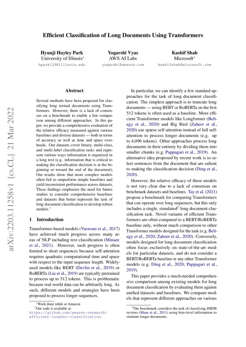 Efficient Classification of Long Documents Using Transformers DeepAI