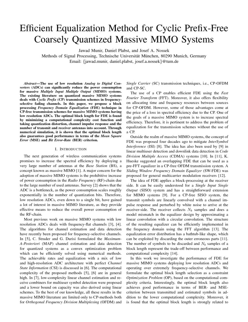 Efficient Equalization Method for Cyclic PrefixFree Coarsely Quantized