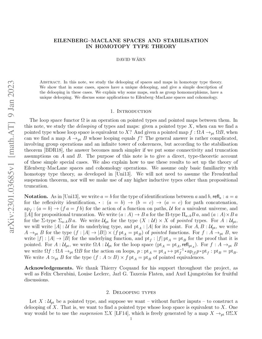 EilenbergMacLane spaces and stabilisation in homotopy type theory DeepAI