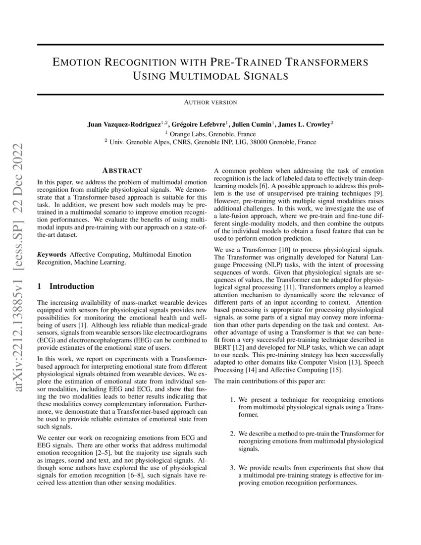 Emotion Recognition With Pre Trained Transformers Using Multimodal Emotion Recognition With Pre Trained Transformers Using Multimodal