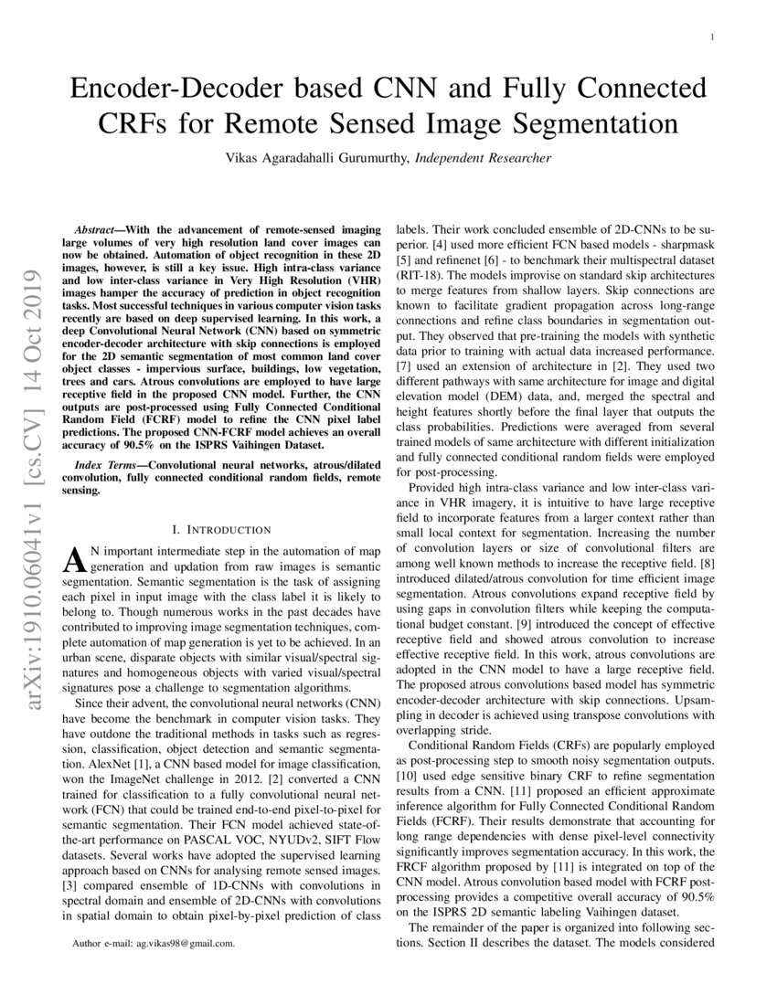 Encoder-Decoder based CNN and Fully Connected CRFs for Remote Sensed ...