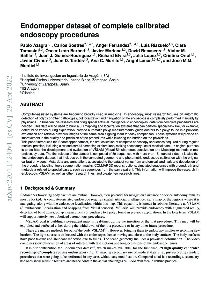 EndoMapper dataset of complete calibrated endoscopy procedures DeepAI