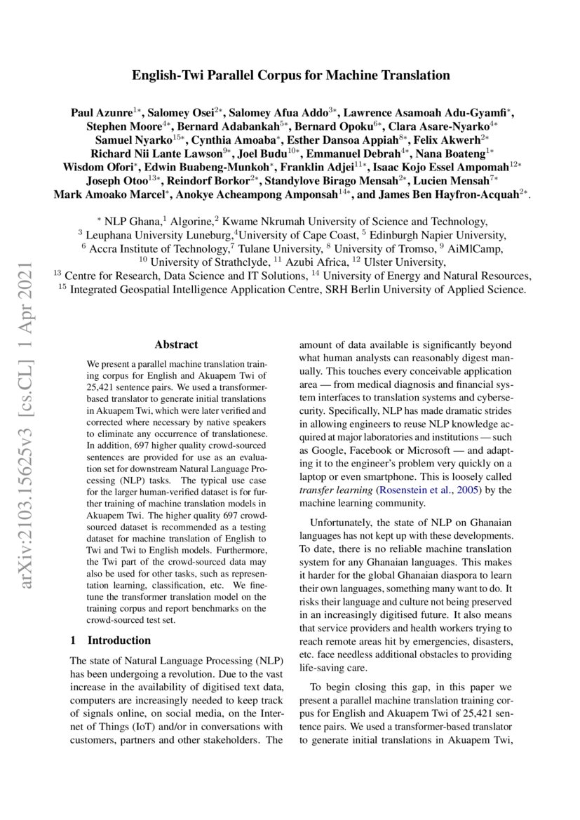 English-Twi Parallel Corpus for Machine Translation | DeepAI