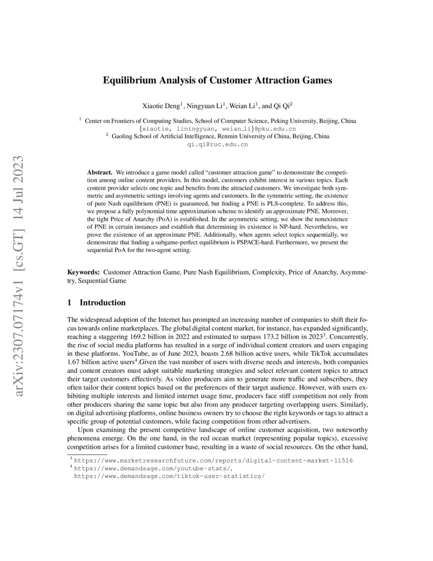 Equilibrium Analysis of Customer Attraction Games DeepAI