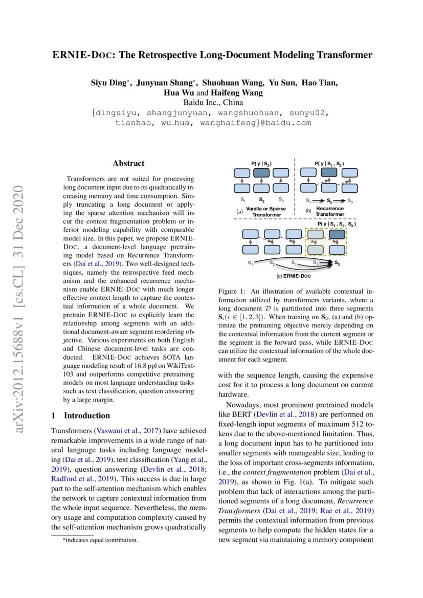 ERNIEDOC The Retrospective LongDocument Modeling Transformer DeepAI