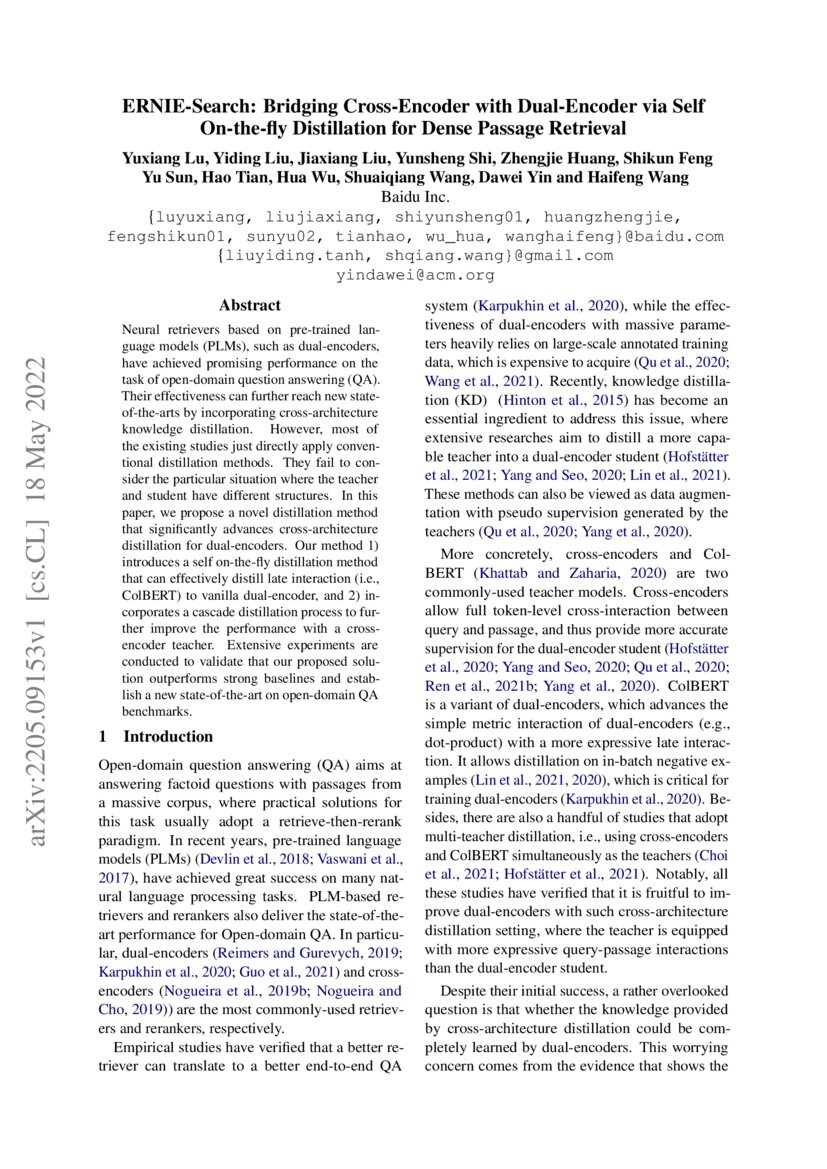ERNIE-Search: Bridging Cross-Encoder with Dual-Encoder via Self On-the ...