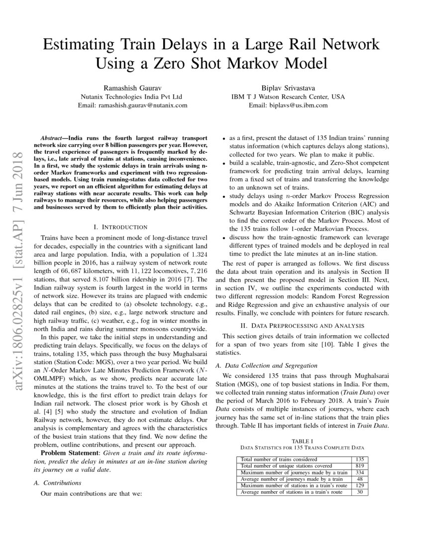 Estimating Train Delays in a Large Rail Network Using a Zero Shot Markov Model DeepAI