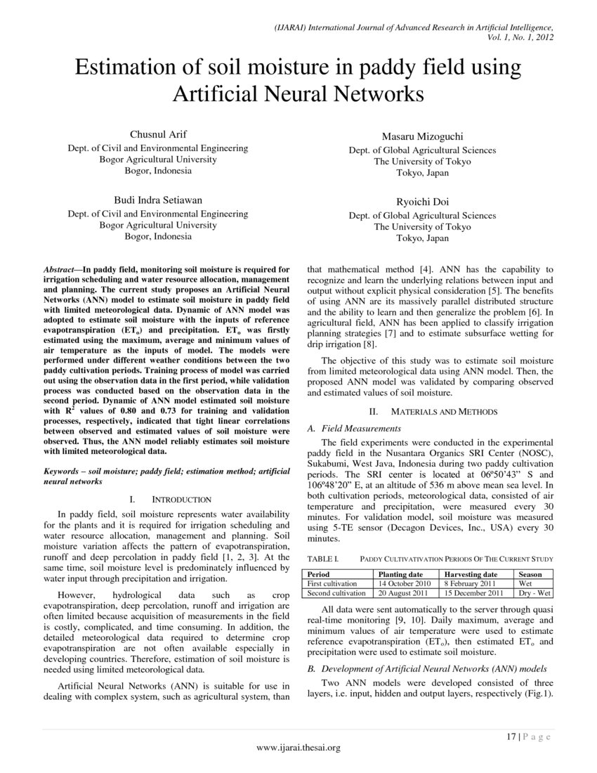 Estimation of soil moisture in paddy field using Artificial Neural