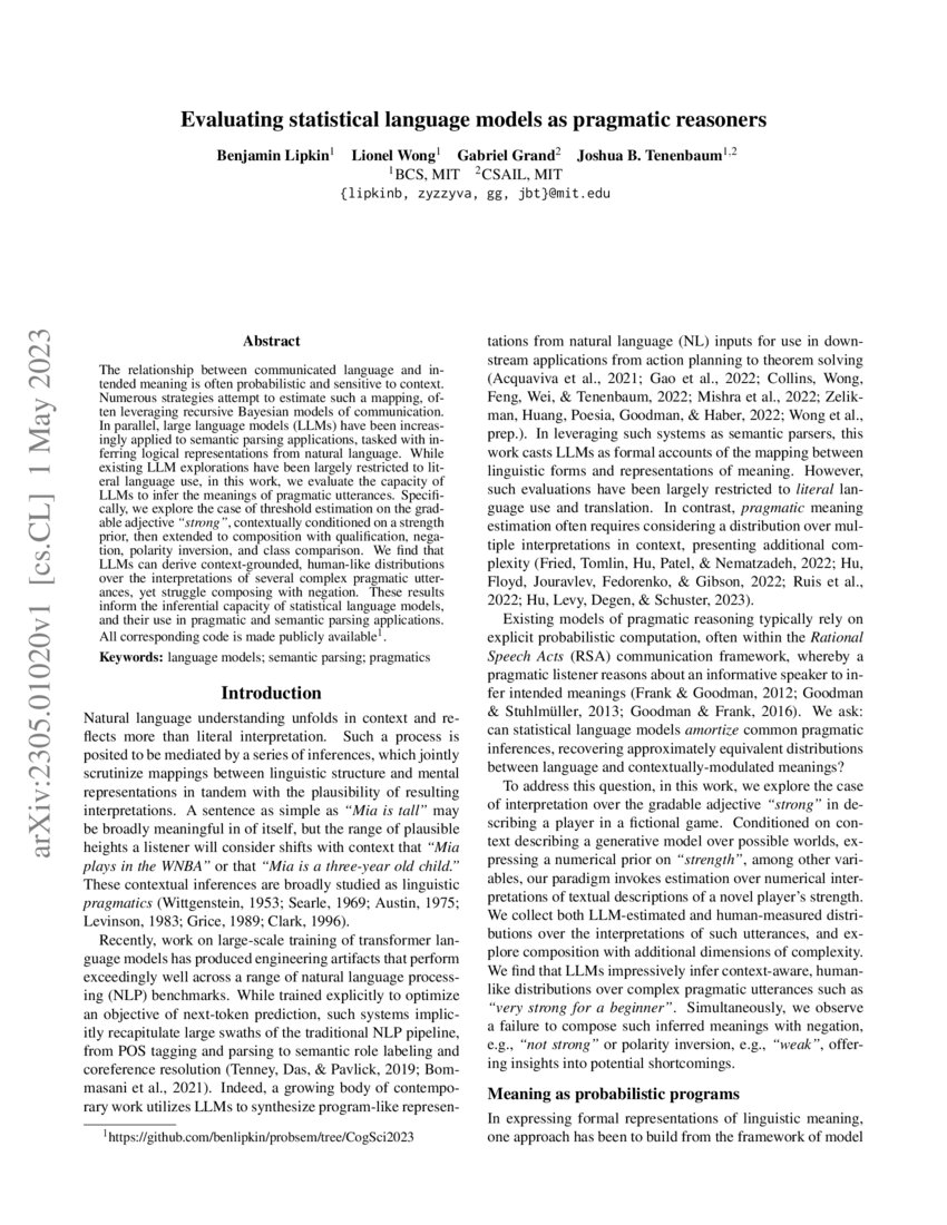 Evaluating statistical language models as pragmatic reasoners | DeepAI