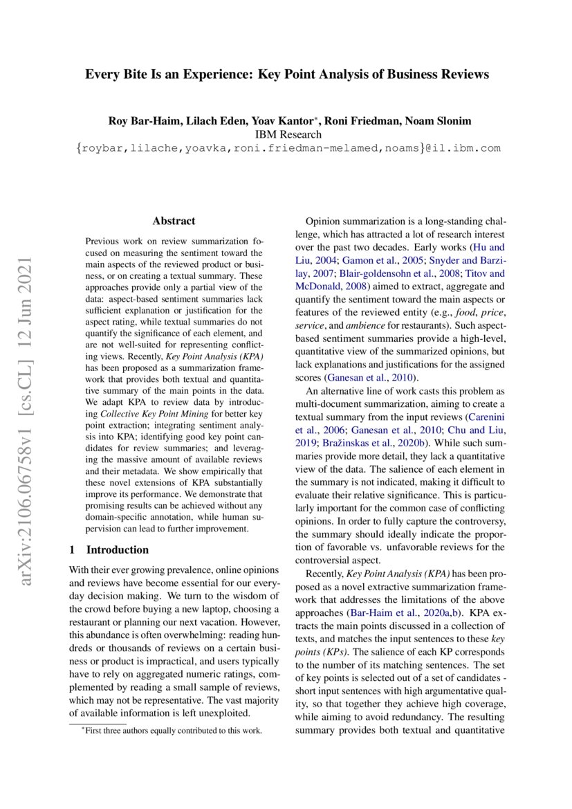 Every Bite Is an Experience Key Point Analysis of Business Reviews