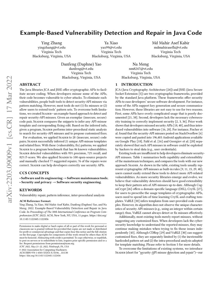Example-Based Vulnerability Detection and Repair in Java Code | DeepAI