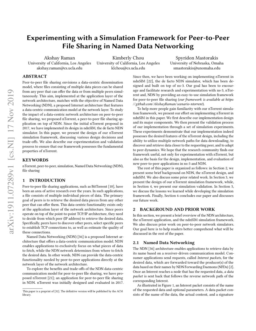 Experimenting with a Simulation Framework for Peer-to-Peer File Sharing ...