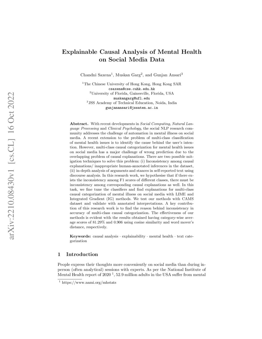 Explainable Causal Analysis of Mental Health on Social Media Data | DeepAI