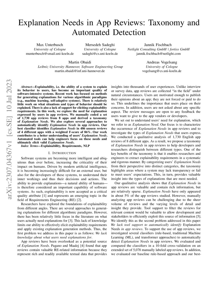 Explanation Needs in App Reviews Taxonomy and Automated Detection DeepAI