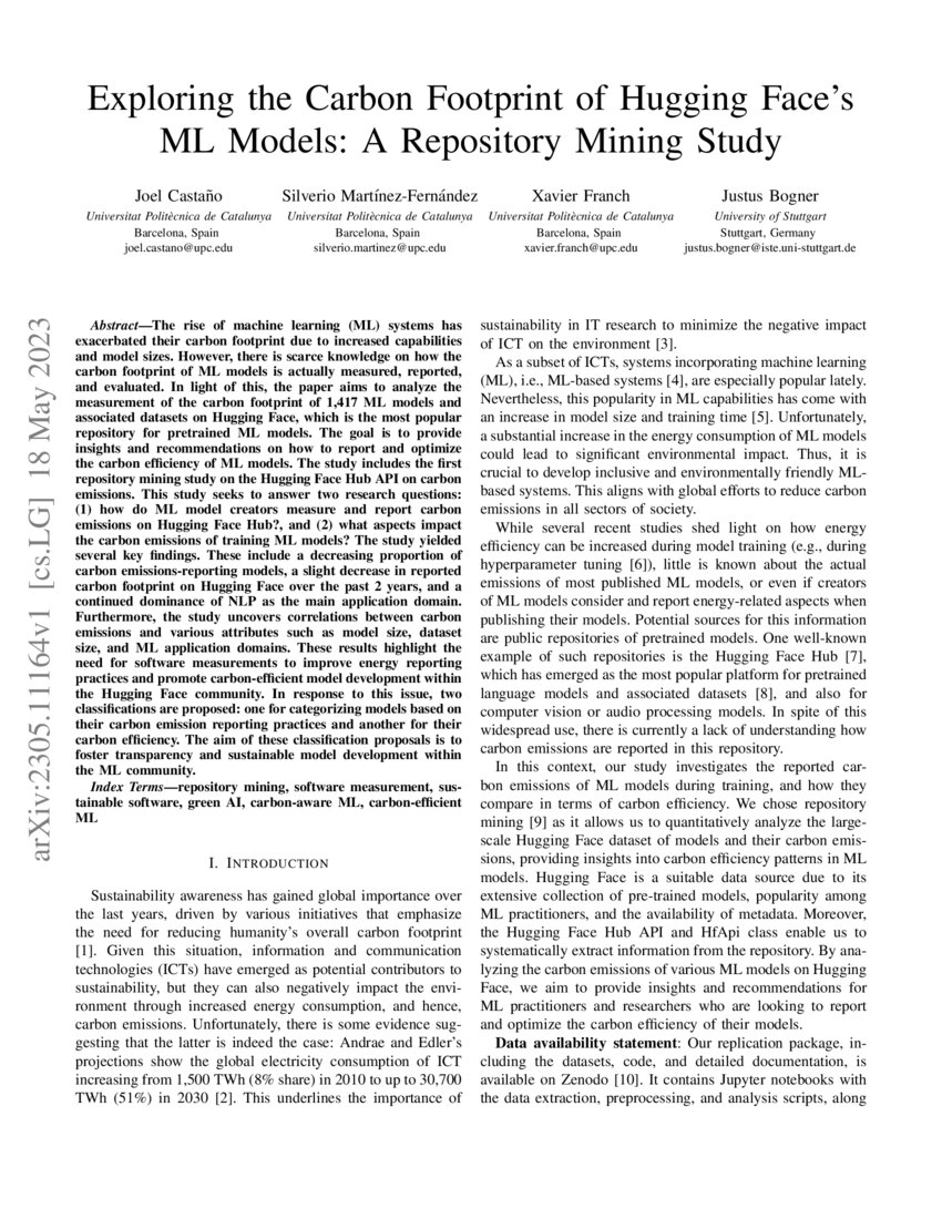 Exploring the carbon footprint of hugging face s ml models a