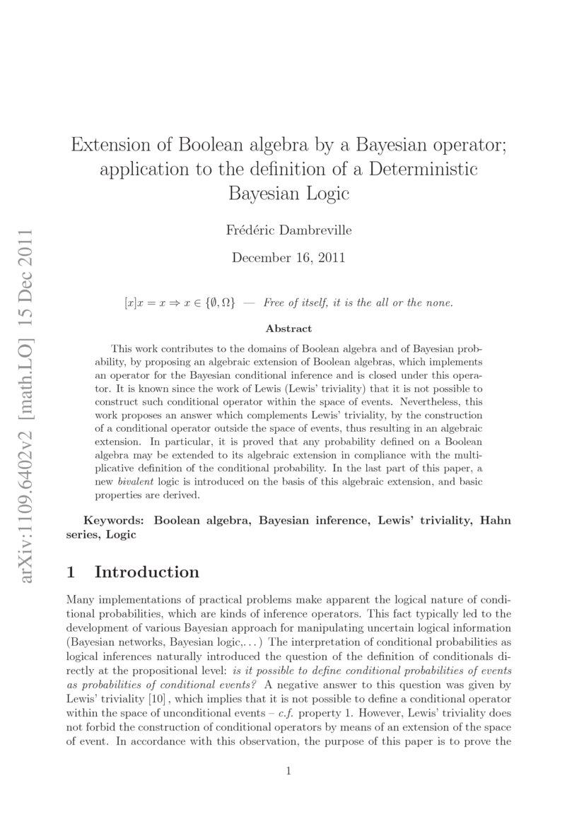 Extension of Boolean algebra by a Bayesian operator; application to the