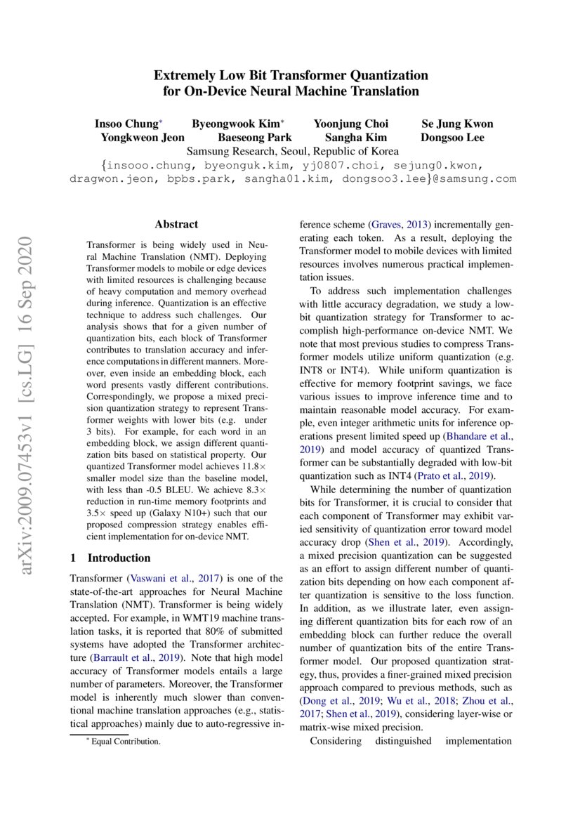Extremely Low Bit Transformer Quantization for OnDevice Neural Machine