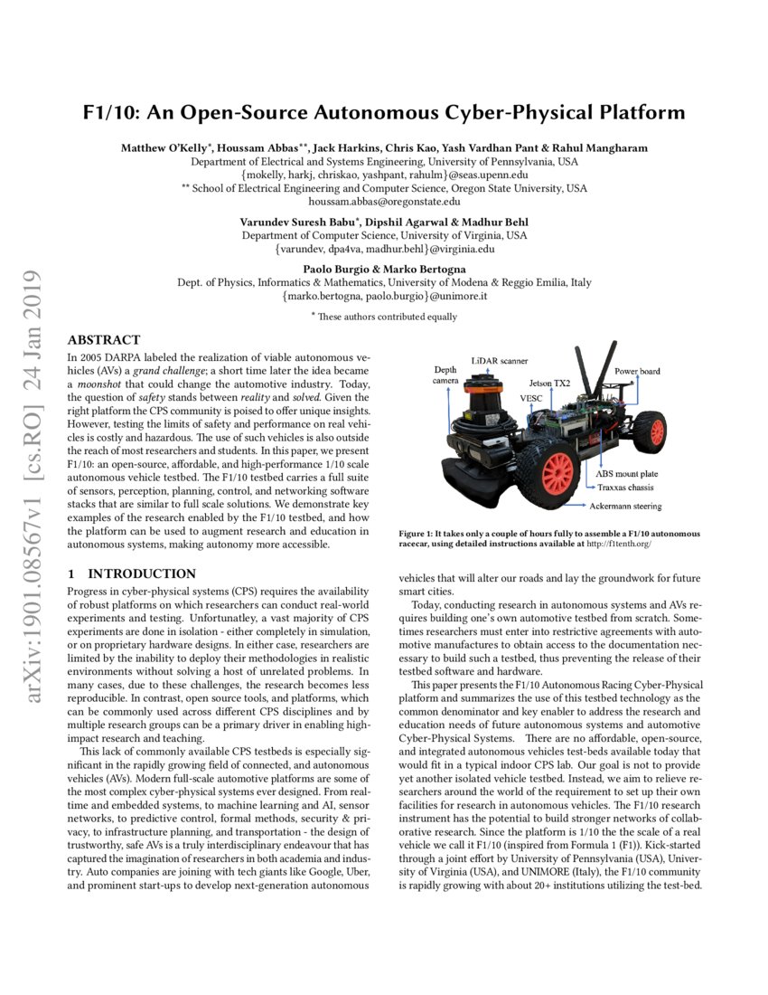 F1/10: An Open-Source Autonomous Cyber-Physical Platform | DeepAI
