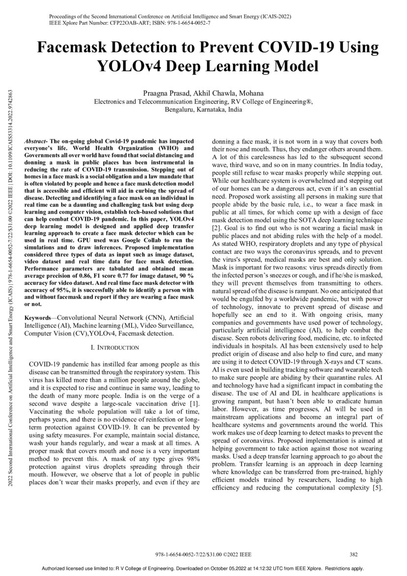 Facemask Detection to Prevent COVID19 Using YOLOv4 Deep Learning Model