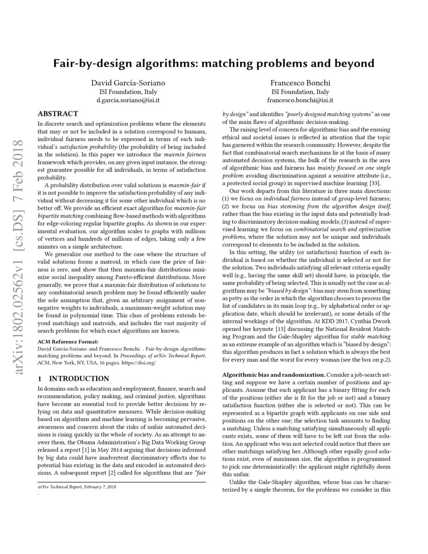 Fair-by-design algorithms: matching problems and beyond | DeepAI