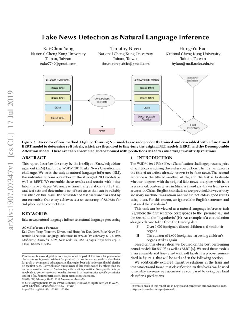 Fake News Detection as Natural Language Inference | DeepAI