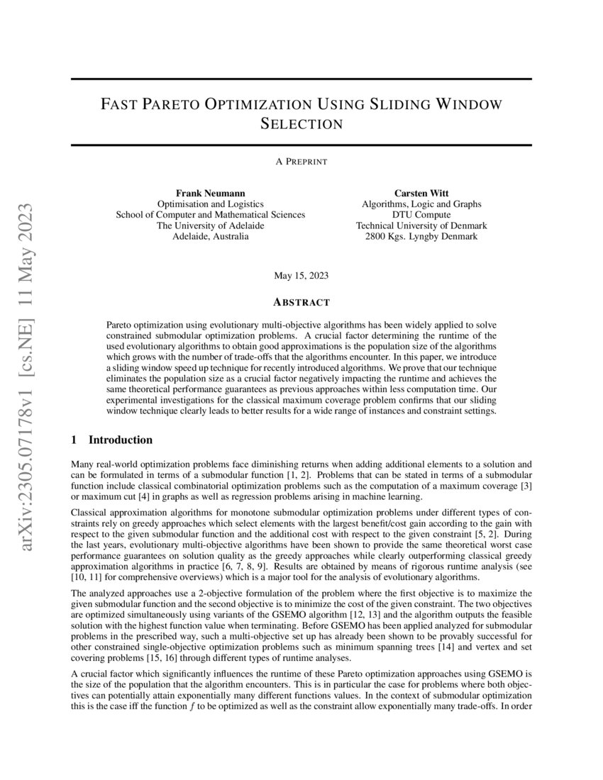 Fast Pareto Optimization Using Sliding Window Selection DeepAI