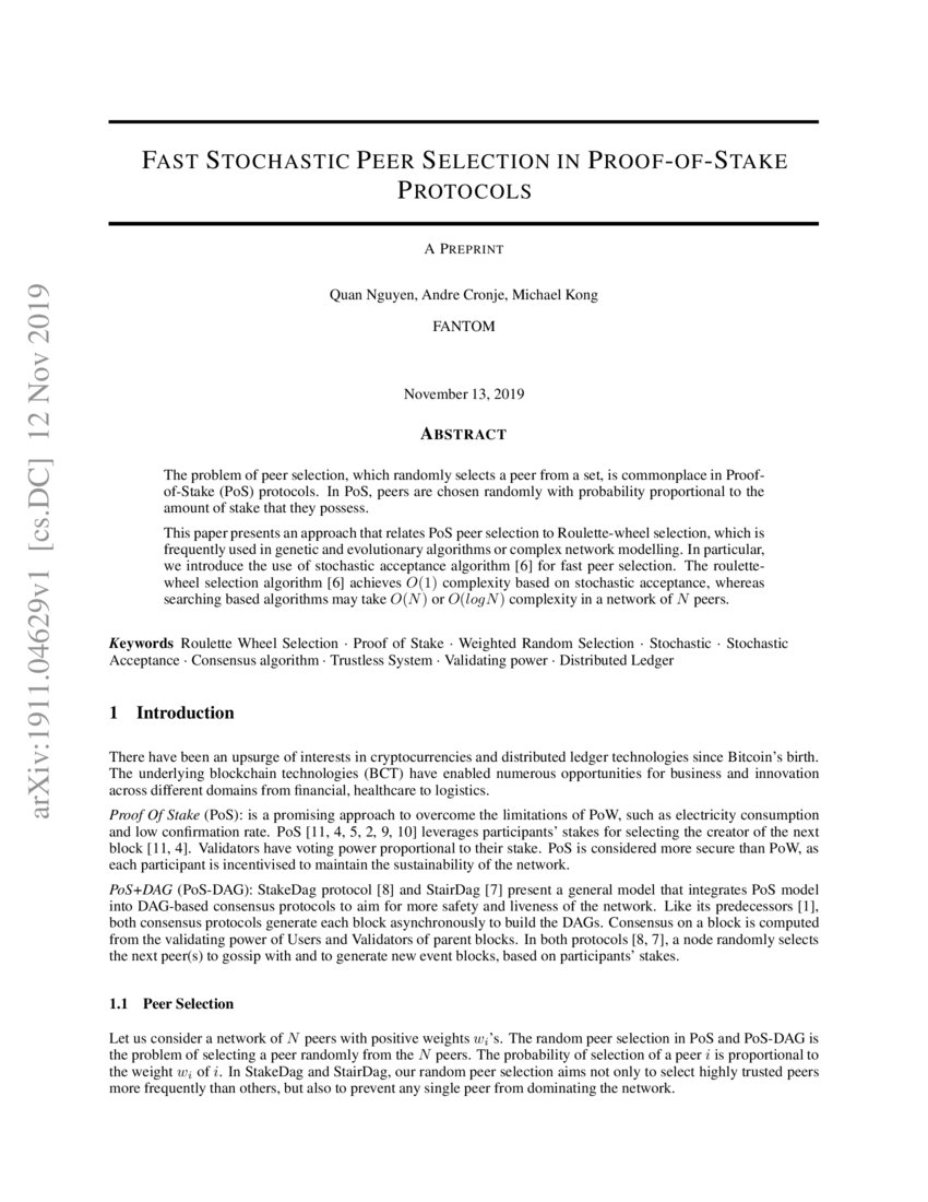 Fast Stochastic Peer Selection in ProofofStake Protocols DeepAI