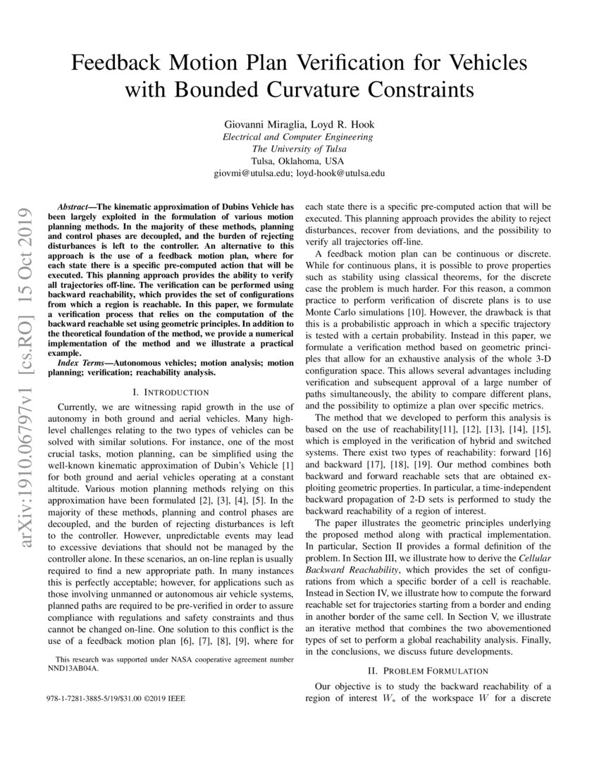 Feedback Motion Plan Verification for Vehicles with Bounded Curvature