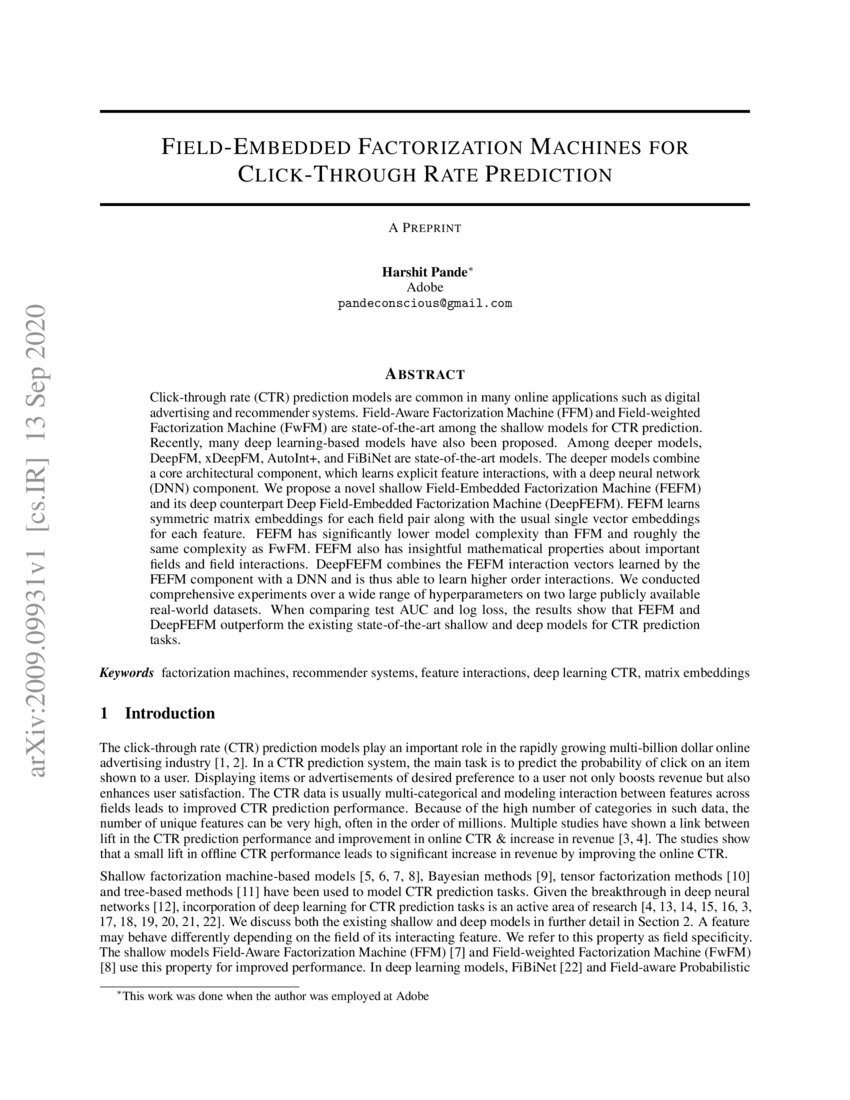 FieldEmbedded Factorization Machines for Clickthrough rate prediction