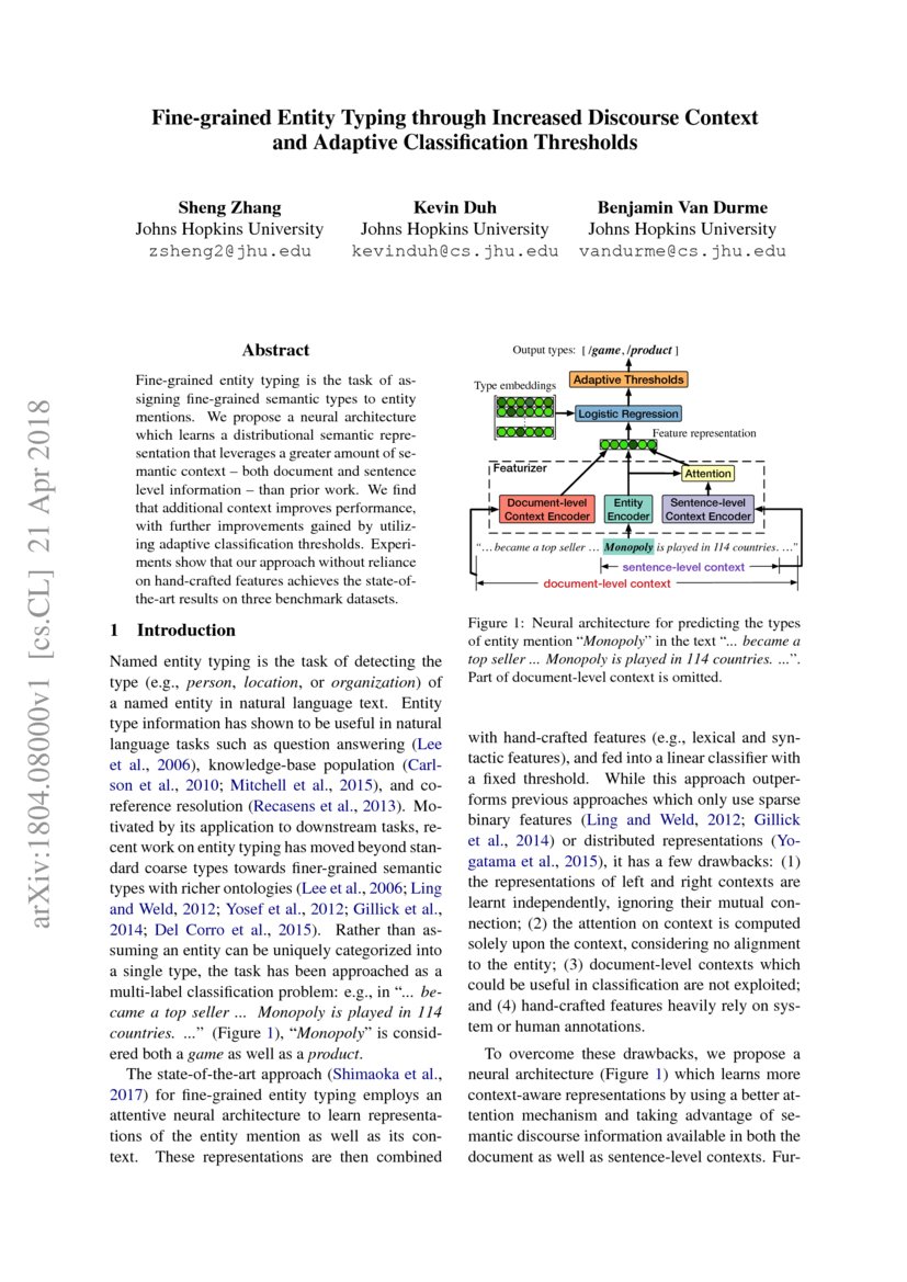 Finegrained Entity Typing through Increased Discourse Context and