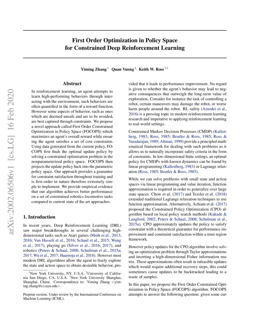 First Order Optimization in Policy Space for Constrained Deep