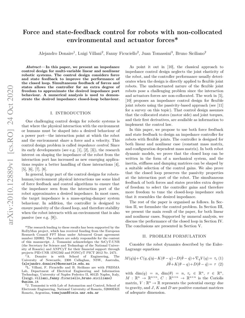 Force and statefeedback control for robots with noncollocated