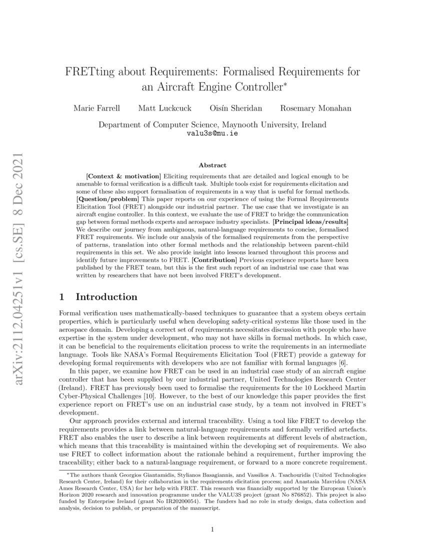 FRETting about Requirements Formalised Requirements for an Aircraft Engine Controller DeepAI
