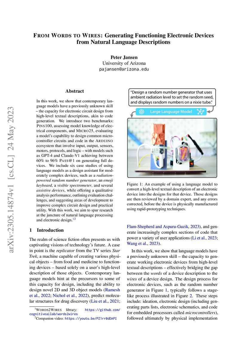 From Words to Wires Generating Functioning Electronic Devices from