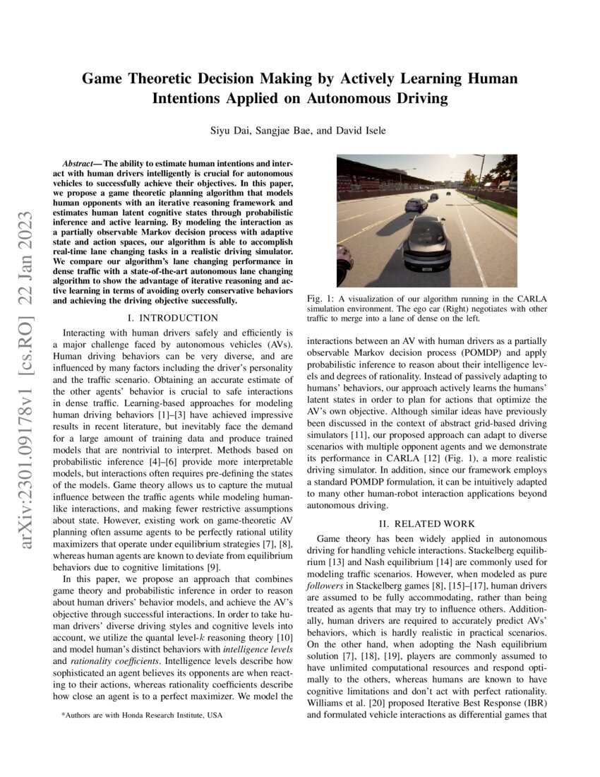 Game Theoretic Decision Making by Actively Learning Human Intentions Applied on Autonomous