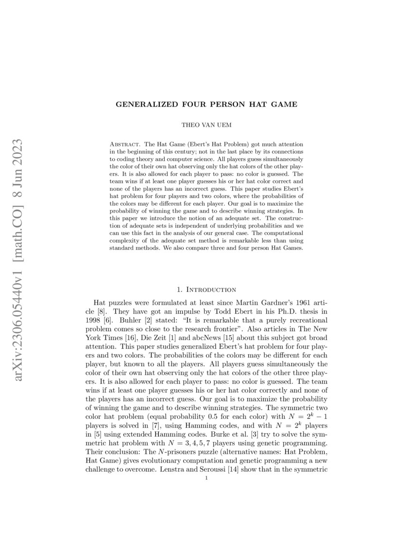 Generalized four person hat game DeepAI