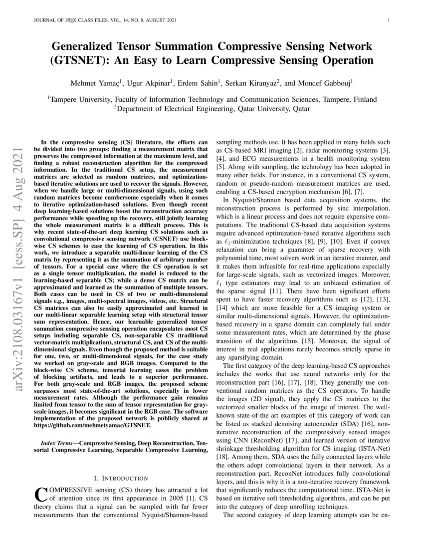 Generalized Tensor Summation Compressive Sensing Network (GTSNET): An ...