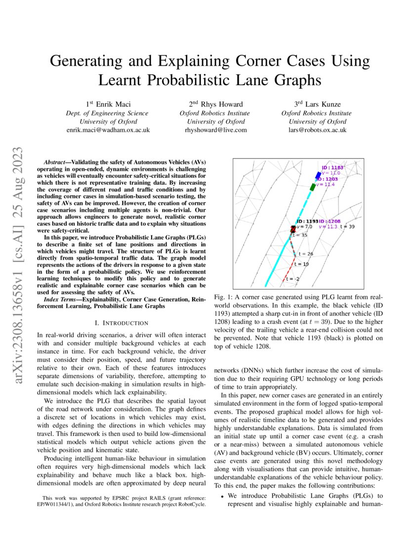 Generating and Explaining Corner Cases Using Learnt Probabilistic Lane