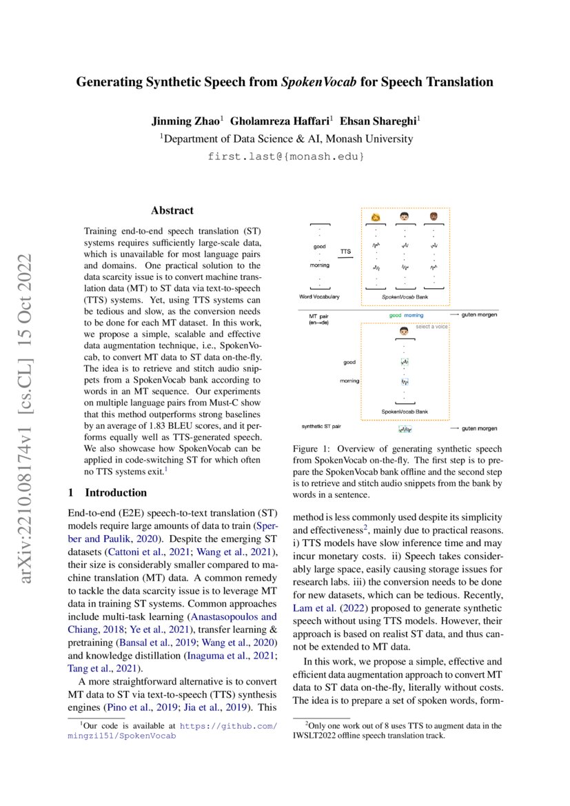 Generating Synthetic Speech from SpokenVocab for Speech Translation