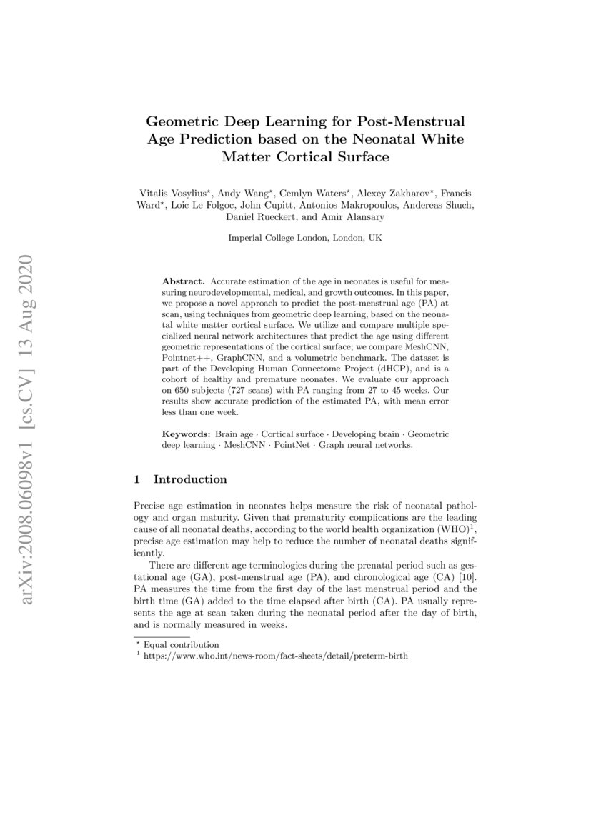 Geometric Deep Learning for Post-Menstrual Age Prediction based on the ...