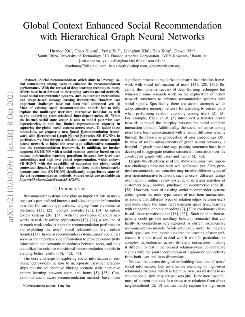 Global context enhanced social recommendation with hierarchical graph