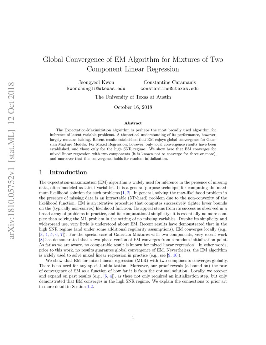 Global Convergence of EM Algorithm for Mixtures of Two Component Linear ...