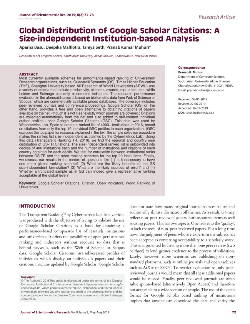 Global Distribution Of Google Scholar Citations A Size Independent Institution Based Analysis Deepai